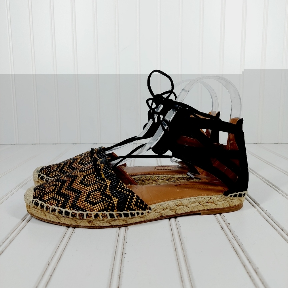 Aquazzura Belgravia Pompom Black Gold Pattern Lace Up Flat Espadrille B544